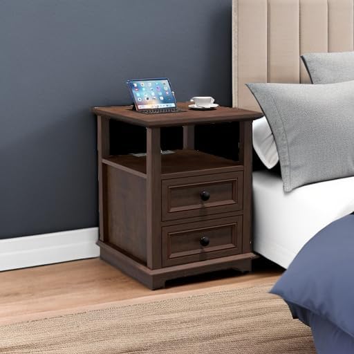 REDAYFUR 24" Tall End Table with Charging Station, Double 18W Fast Charge, Large 18" Bedside Table with Drawers, Rustic Wood Storage Cabinet with Open Shelf for Bedroom, Cherry