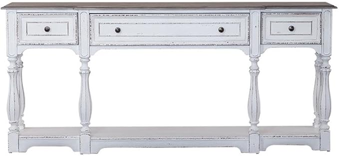 BOWERY HILL 72-Inch Console Table, Poplar Solids with White Oak and Birch Veneers, Antique White Finish, Weathered Brown Whitewash Top, 3 Drawers, Bottom Shelf, Traditional Hall Table for Storage