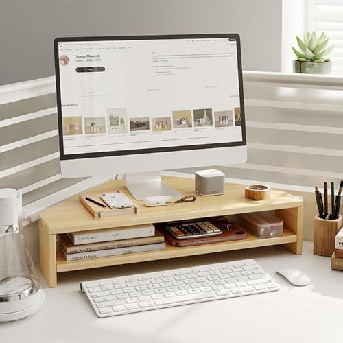 Wooden Corner Monitor Stand - Triangle Design Riser for Desk, Space-Saving Organizer for Keyboard & Mouse, Perfect for Office Workstation Setup