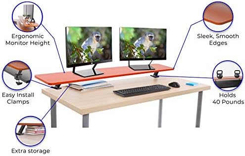 Stand Steady 55 Inch Clamp On Desk Shelf | Large Monitor Riser Supports 3 Screens for Extra Storage | Ergonomic Monitor Stand Securely Attaches to Surface with Clamp Base - No Screws (55 In / Cherry)