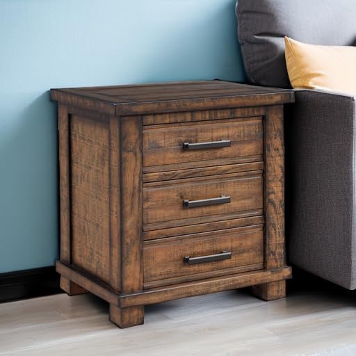 Knocbel Farmhouse Nightstand with 3 Storage Drawers, Reclaimed Pine Wood Bedside Table Night Stand Sofa Side End Table with Antique Metal Handles, Fully Assembled