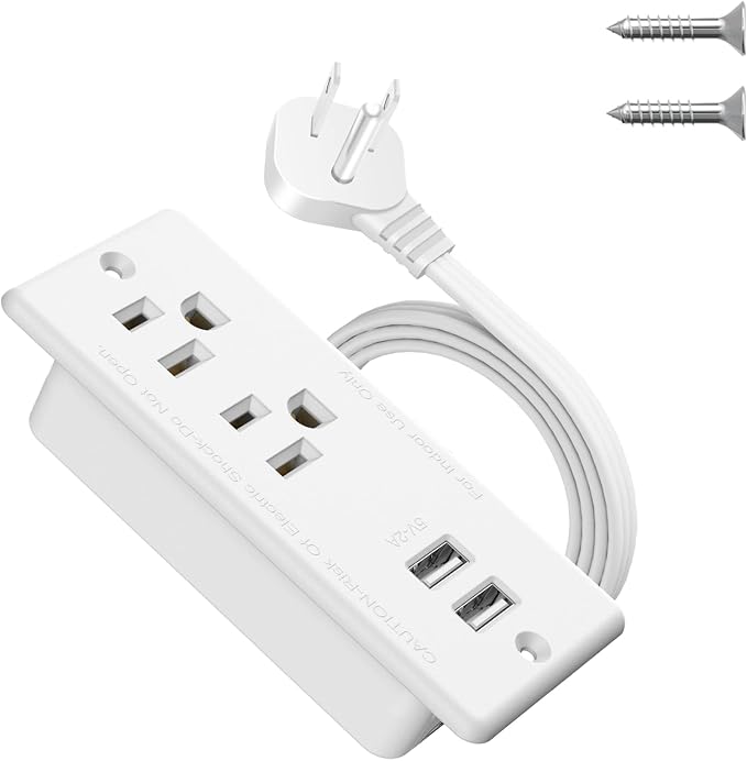 Recessed Power Strip with USB,Flat Plug Ultra Thin Extension Cord,Furniture Desktop Charging Station for Side Table,End Table,Flush-Mount Desk Outlet Power Grommet with 9.85ft Cord(White)