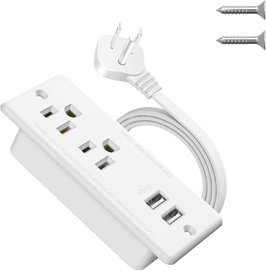 Recessed Power Strip with USB,Flat Plug Ultra Thin Extension Cord,Furniture Desktop Charging Station for Side Table,End Table,Flush-Mount Desk Outlet Power Grommet with 9.85ft Cord(White)