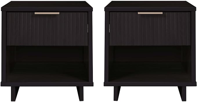 Manhattan Comfort Granville 1-Drawer Nightstand Set of 2, Modern Glam Bedside Table with Ribbed Design and Gold Handles, Ideal for Living Room and Bedroom Use, Black