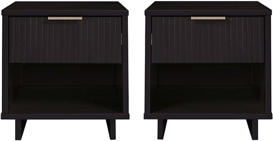 Manhattan Comfort Granville 1-Drawer Nightstand Set of 2, Modern Glam Bedside Table with Ribbed Design and Gold Handles, Ideal for Living Room and Bedroom Use, Black