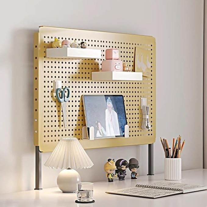 Clamp on Desktop Shelving System, Metal Clip on Desk Hanging Panel, Gaming Desk Accessories with Pegboard and Shelf,Orange,Small