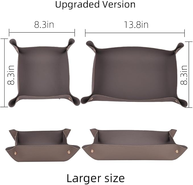 2pc Leather Valet Tray Organizer, Desk Organizer Tray Or Candy Holder, Practical Storage Tool for Travel, Home Or Office (Grey, Large+Extra Large)