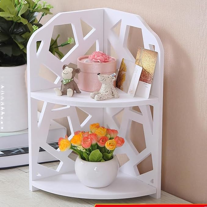 HornTide 2-Tier Corner Shelf, Brief Fashion Organizer Storage Rack, for Cosmetic Doll Potted-Plant Vitamins Supplements Caddy, DIY Desk/Table Decoration, Wood-Plastic Composites, White