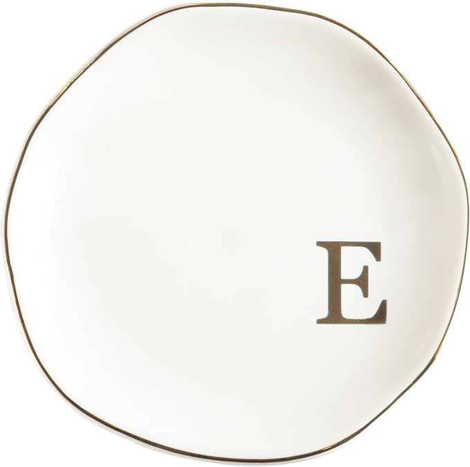 Ceramic Jewelry Tray Ring Dish Personalized E-Monogrammed Engagement Wedding Gifts, for Birthday Mother's Day for Women, Ceramic White 4.75" (E)