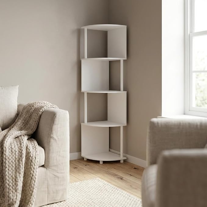 Furnifact White White 4-Tier Zigzag Corner Shelf Bookcase, Space-Saving Modern Design, Sturdy Wooden Construction, Ideal for Living Room and Office Storage