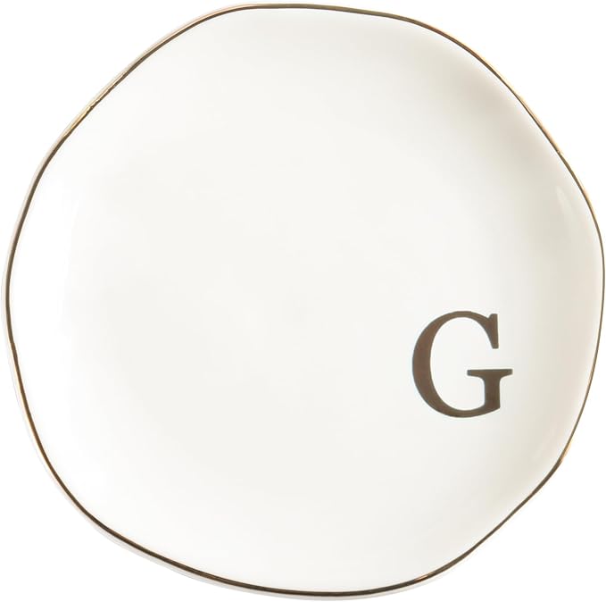 Ceramic Jewelry Tray Ring Dish Personalized G-Monogrammed Engagement Wedding Gifts, for Birthday Mother's Day for Women, Ceramic White 4.75" (G)