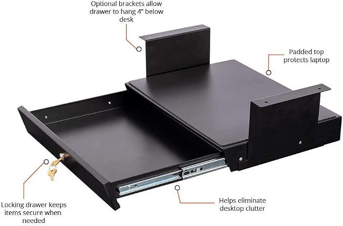 Stand Up Desk Store Add-On Office Sliding Under-Desk Drawer Storage Organizer for Standing Desks (Black, Lockable with Padded Laptop Shelf) 18"