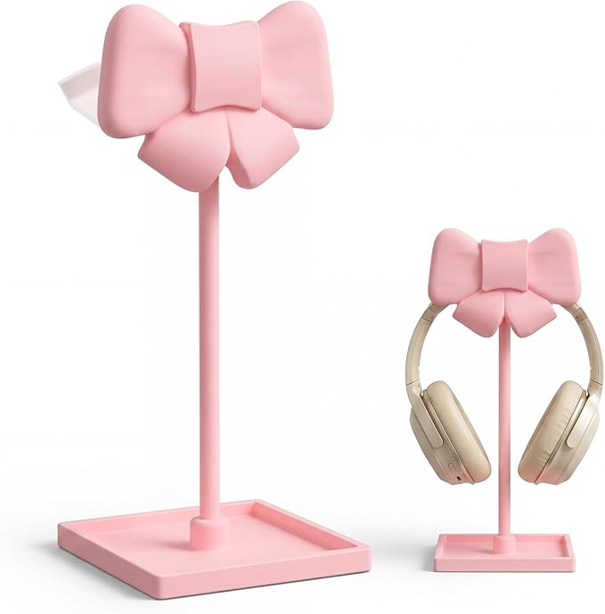 Wesiti Pink Bow Headphone Stand Cute Curved Headphone Holder with Storage Tray Pink Coquette Gaming Headset Holder for Desk Space Saving Organizer Desktop for Women All Headset Home Office Setup
