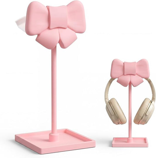 Wesiti Pink Bow Headphone Stand Cute Curved Headphone Holder with Storage Tray Pink Coquette Gaming Headset Holder for Desk Space Saving Organizer Desktop for Women All Headset Home Office Setup