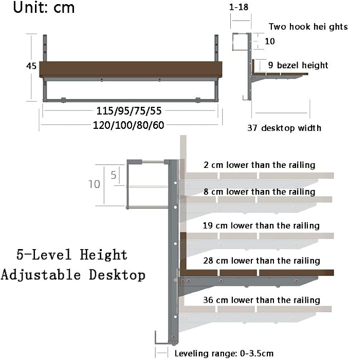 Balcony Bar Table For Railings,balcony Desk,Outdoor Hanging Rail Tables For Deck,Adjustable Height Small Folding Space Saving Serving Desk Countertop Extension Fold Down For Patio,Garden ,Porch ( Colo