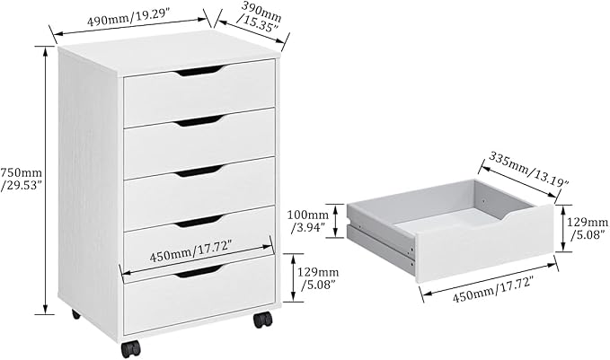 Panana 5/7 Drawer Mobile File Cabinet, Wooden Under Desk Storage with Wheels Office Organization Vertical Filing Chest of Drawers for Home Office (White, 5 Drawer)