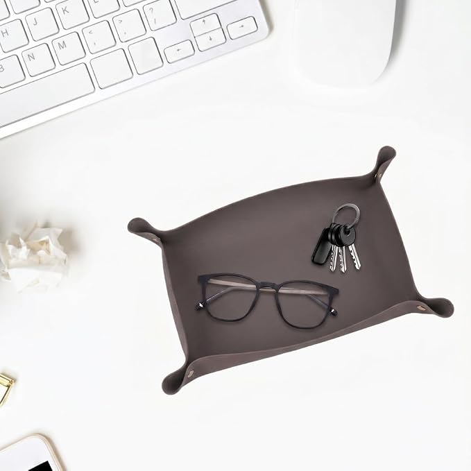 2pc Leather Valet Tray Organizer, Desk Organizer Tray Or Candy Holder, Practical Storage Tool for Travel, Home Or Office (Grey, Large+Extra Large)