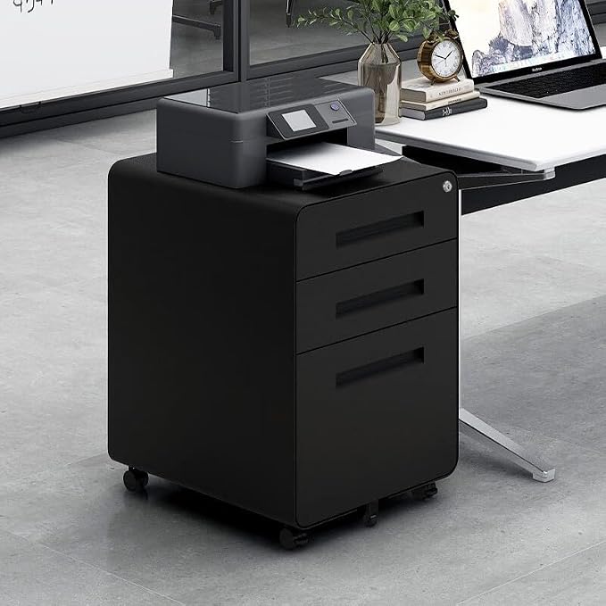 GarveeHome 3 Drawer Mobile File Cabinet with Lock, Under Desk Metal Filing Cabinet for Home Office, Under Desk Storage with 5 Wheels for A4/Letter/Legal Size, Fully Assembled