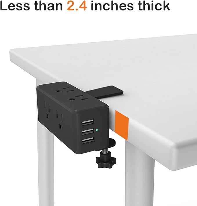 Compact Desk Edge Clamp Power Strip with 6-Outlet,3-USB-A-Port,Fit 2.4" Tabletop Edge,Table Leg.Meeoueoiu Desktop Mount Charging Power Station for Office Home,6.56ft Extension Cord,Black