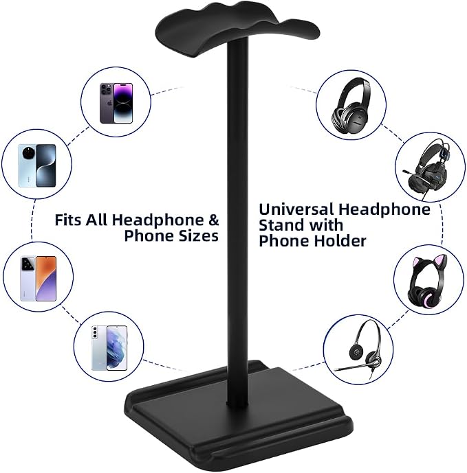Headphone Stand, Headset Holder with Phone Holder for Desk Office Gaming, TPU-Padded Headrest, Aluminum Pole, Anti-Slip ABS Base, Universal Earphone Stand, 2 Pack Black
