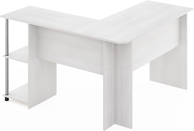 Furinno Abbott L-Shape Computer Desk with Stainless Steel Tubes Bookshelf, White Oak/Chrome