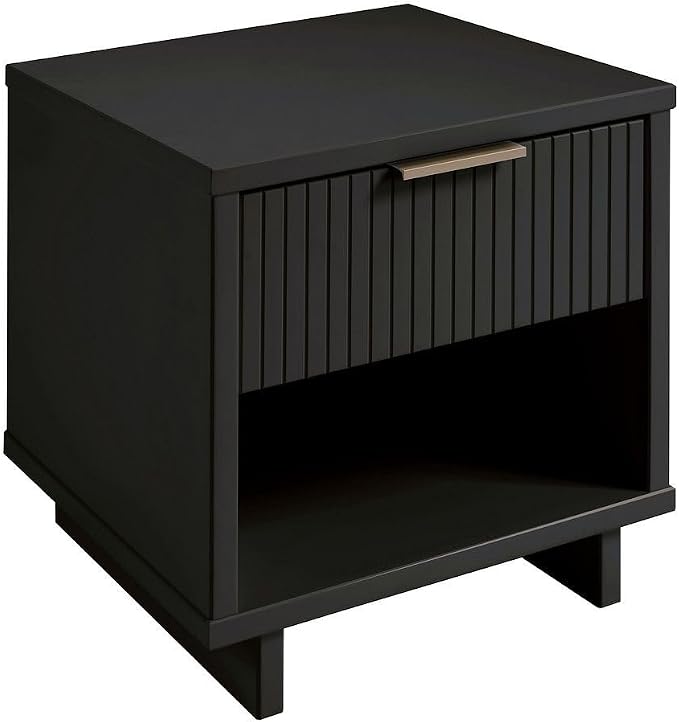 Manhattan Comfort Granville Modern Nightstand 1.0 with 1 Full Extension Drawer, Sled Legs, and Gold Accent Metal Handle, Bedside End Table for Bedroom or Living Room in Dark Grey