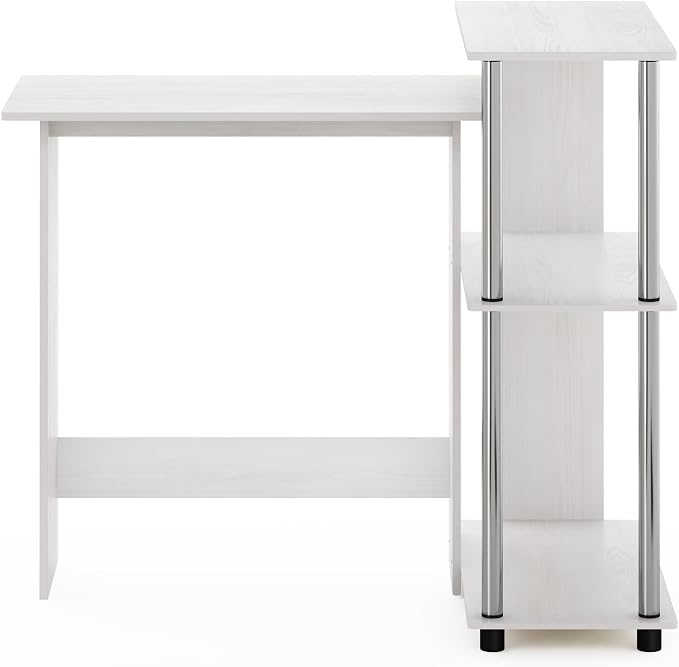 Furinno Abbott Corner Computer Desk with Bookshelf, White Oak/Chrome