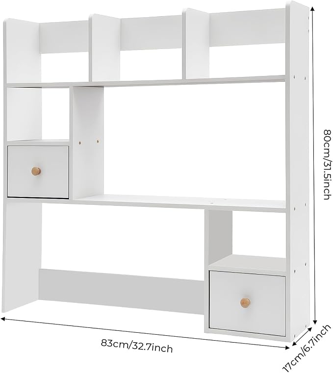 Desk Shelf, Wooden Office Desktop Display Organizer Rack with Handles, Adjustable 9 Compartment Storage Rack, Space Saving Desktop Bookshelf for Office Home Dorm (White)