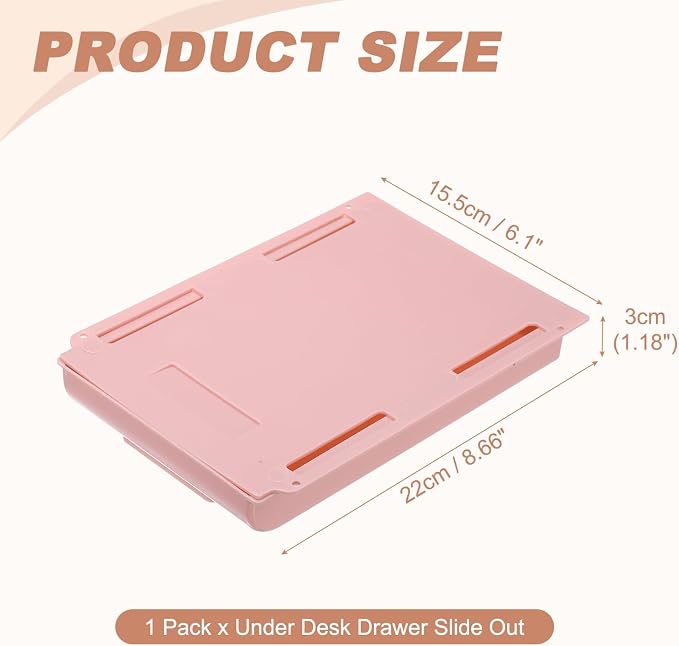 PATIKIL Under Desk Drawer Slide Out, 8.66 x 6.1" Plastic Table Storage Drawers Slide Out Storage Box for Laptop Study Desks Dining Dressing Tables Wardrobes Cabinets, Pink