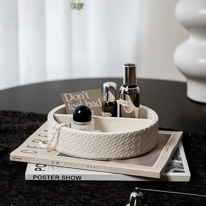 Round Faux Leather Vanity Tray Organizer for Dresser Perfume | Elegant woven leather tray for perfume, sunglasses & keys. A stylish 2-compartment organizer for your console table.