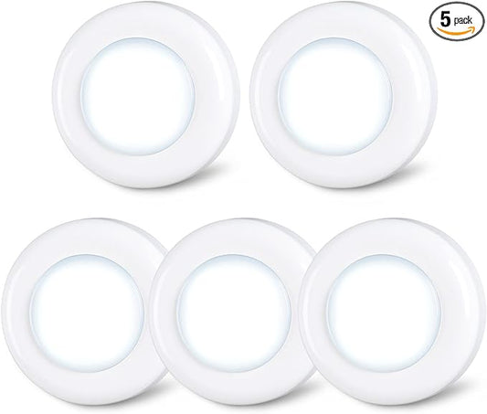 STAR-SPANGLED Push Tap Light, 2.8” Mini Night Touch LED Puck Lamp, Portable Under Cabinet Lighting AAA Battery Operated Powered, DIY Stick On Lights for Closet, Counter, Kitchen, Cool White, 5 Pack