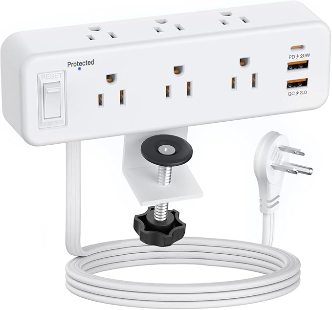 6 Outlet Desk Clamp Power Strip with USB C, Flat Plug Surge Protector, Desktop Edge Mount for 1.8 inch Tabletop Thick, Connect 6 ft Extension Cord, Table Edge Socket with Switch, White