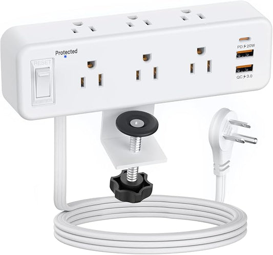6 Outlet Desk Clamp Power Strip with USB C, Flat Plug Surge Protector, Desktop Edge Mount for 1.8 inch Tabletop Thick, Connect 6 ft Extension Cord, Table Edge Socket with Switch, White