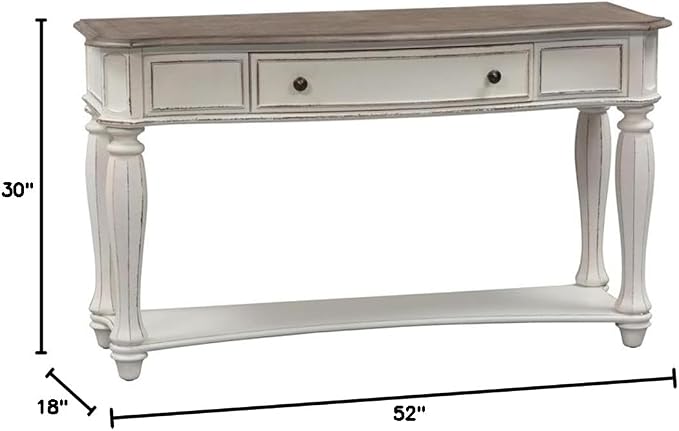 BOWERY HILL Traditional Magnolia Manor Console Table, 52" W x 18" D x 30" H, Rubberwood with White Oak & Birch Veneers, Antique White Finish with Weathered Brown Top, Living Room Table with Drawer