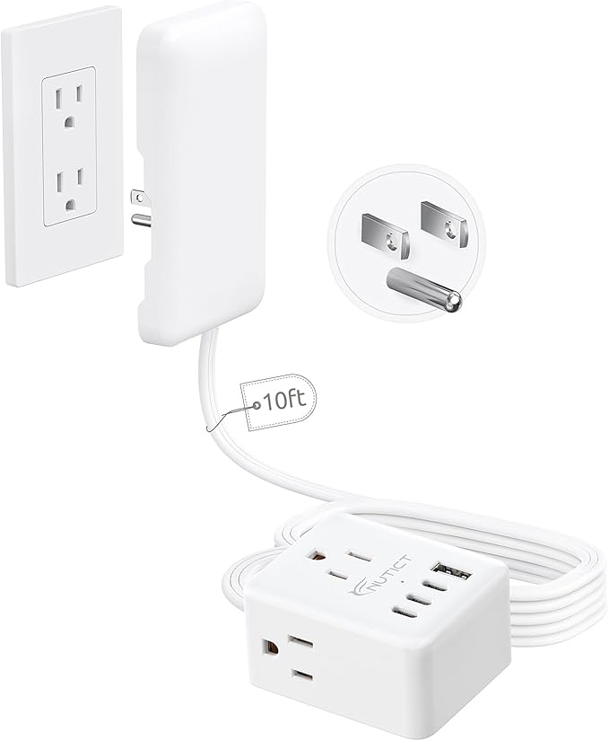 NUTICT 10FT Long Extension Cord with Outlet Cover, Flat Plug Power Strip with 3 Outlets & 3 USB-C & 1 USB-A Port, Wall Mountable, Ideal for Home Improvement, Hide Bulky and Messy Cords, White