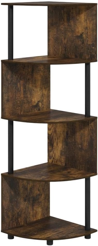 Furnifact Amber Pine Black 4-Tier Zigzag Corner Shelf Bookcase, Elegant Wooden Design, Space-Saving Corner Unit, Durable Construction, Stylish Modern Look