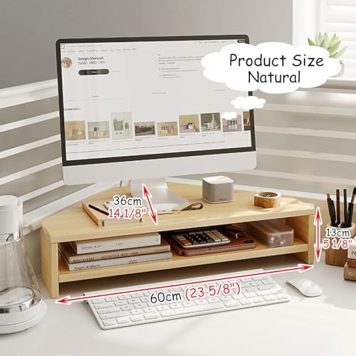 Wooden Corner Monitor Stand - Triangle Design Riser for Desk, Space-Saving Organizer for Keyboard & Mouse, Perfect for Office Workstation Setup