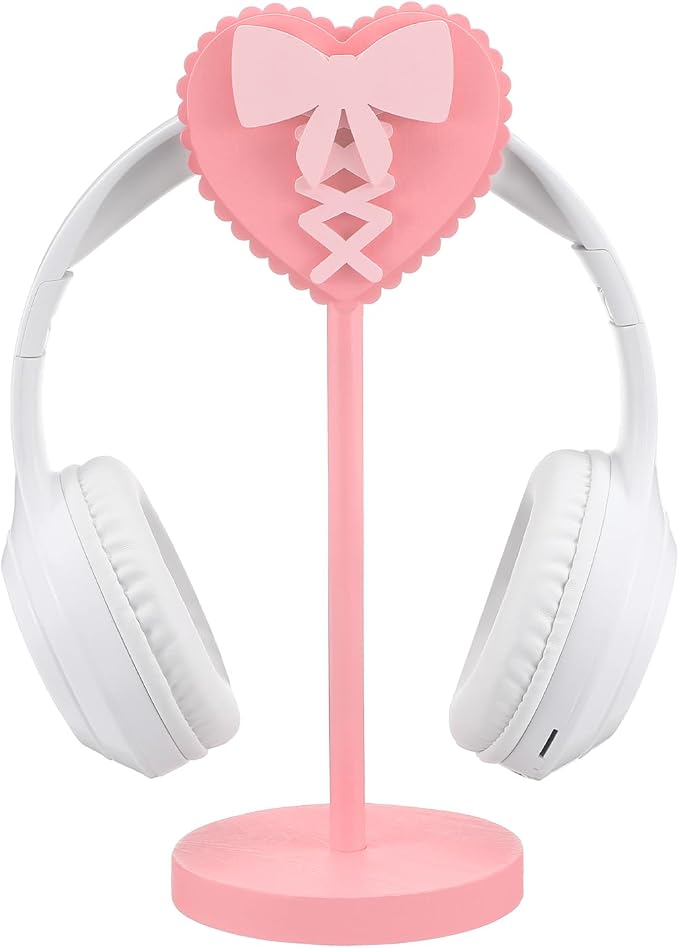 Kingdder Pink Heart Bow Headphone Stand Cute Wood Headphone Stand Adorable Headset Holder Accessories Gamer Gifts for Teenage Women Teacher Girlfriend Office Worker Wife Gamer Room Office Desk