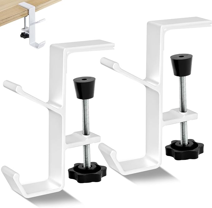 3PCS Desk Mount Bag Holder Hook Clamp,On Backpack Hanger Portable Desk Mount Headphones Holder for Reduce Desk Clutter Table Desk Table Hanging Storage (White)