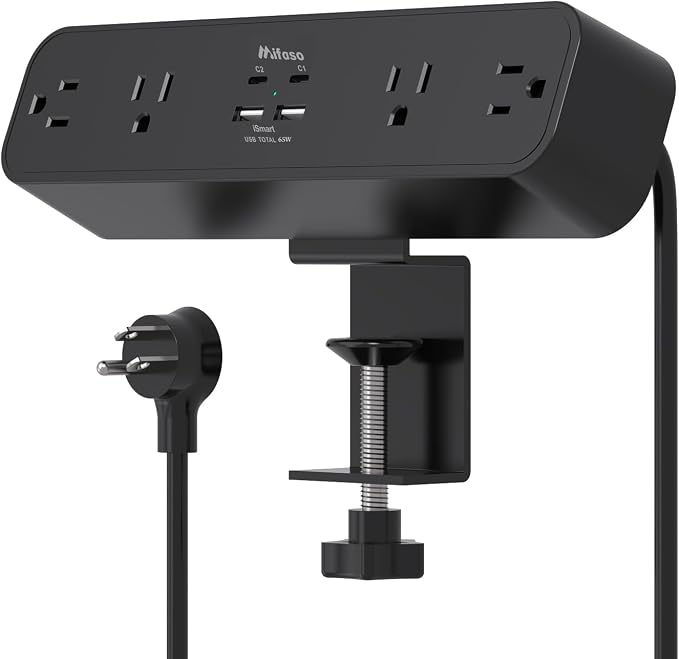 65W USB C Desk Clamp Power Strip, 8-in-1 Desktop Mount Surge Protector with 4 AC Outlets 2 USB-C & 2 USB-A Ports, PD 65W Fast Charging Station, 5Ft Extension Cord, Desk Edge Mount for Home, Black