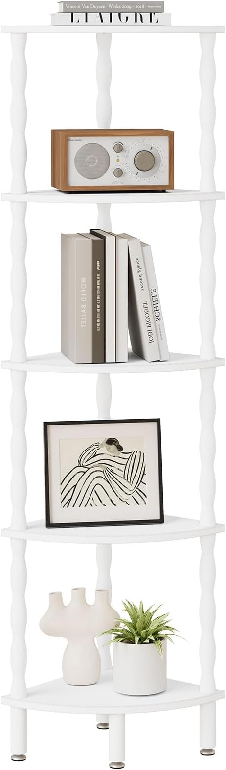 IBUYKE 5-Tier Corner Shelf,Stylish Corner Bookshelf for Small Spaces,Industrial Corner Storage Display Shelves,Small Corner Table for Bedroom,Bathroom,Kitchen, White WBC020W