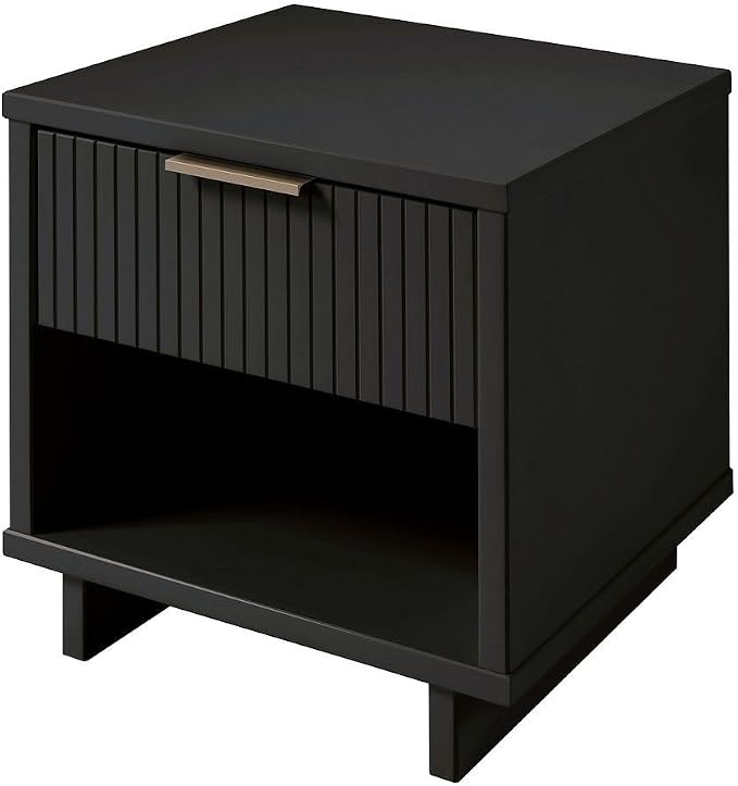Manhattan Comfort Granville Modern Nightstand 1.0 with 1 Full Extension Drawer, Sled Legs, and Gold Accent Metal Handle, Bedside End Table for Bedroom or Living Room in Dark Grey