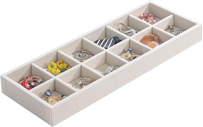 Divided Drawer Organizer Tray, Velvet Jewelry Storage Tray, Necklace Bracelet Ring Earring Display Tray,Bedside Nightstand Desk Holder Tray for Phone Watch Sunglasses Cosmetics Storage/Beige/12grid