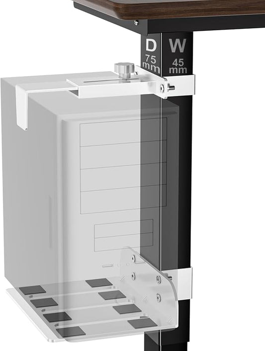Under Desk PC Mount - No Drilling Heavy Duty 40 lbs Capacity, Adjustable Height and Width Clamp-on Desk Leg PC Mount for Standing Desks (Fits 75mm×45mm Legs only), with Non-Slip Pads, White