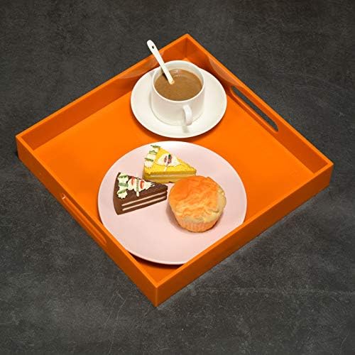 KEVLANG Orange Sturdy Acrylic Serving Tray with Handles-12x12Inch-Serving Coffee,Food,Breakfast,Butler-Kitchen Countertop Tray-Makeup Drawer Organizer-Vanity Table,Ottoman Tray-Decorative Tray