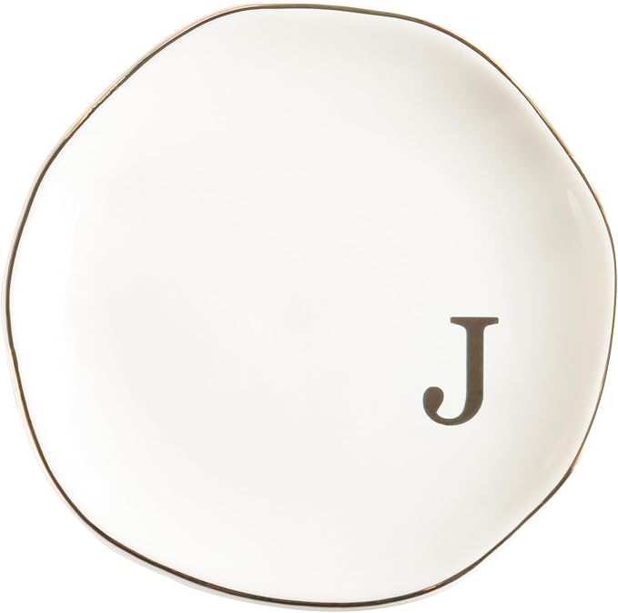 Ceramic Jewelry Tray Ring Dish Personalized J-Monogrammed Engagement Wedding Gifts, for Birthday Mother's Day for Women, Ceramic White 4.75" (J)