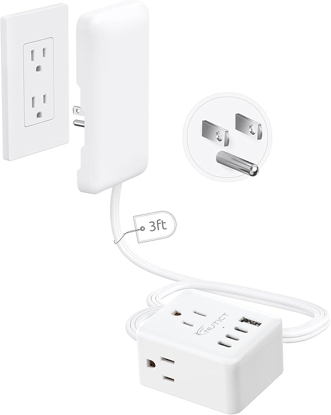NUTICT 3FT Short Extension Cord with Outlet Cover, Flat Plug Power Strip with 3 Outlets & 3 USB-C & 1 USB-A Port, Wall Mountable, Flat Face Outlet Extender Hidden Behind Couch, Bed, Desk, White