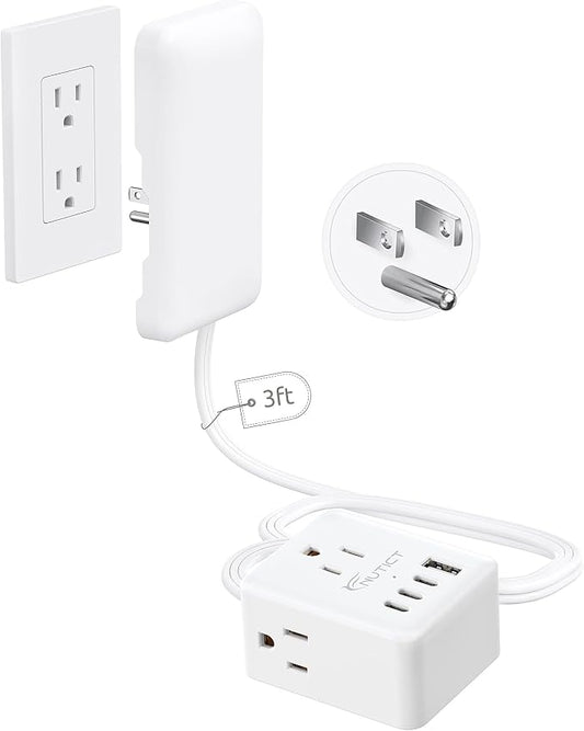 NUTICT 3FT Short Extension Cord with Outlet Cover, Flat Plug Power Strip with 3 Outlets & 3 USB-C & 1 USB-A Port, Wall Mountable, Flat Face Outlet Extender Hidden Behind Couch, Bed, Desk, White