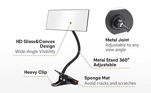 Clip On/Stick-On Office Desk Mirror for Personal Safety Desk Rear View Monitor Computer Cubicle Cabinet Workstation Security Gooseneck Mirror Black (6.69"x2.95" 1 Framed)