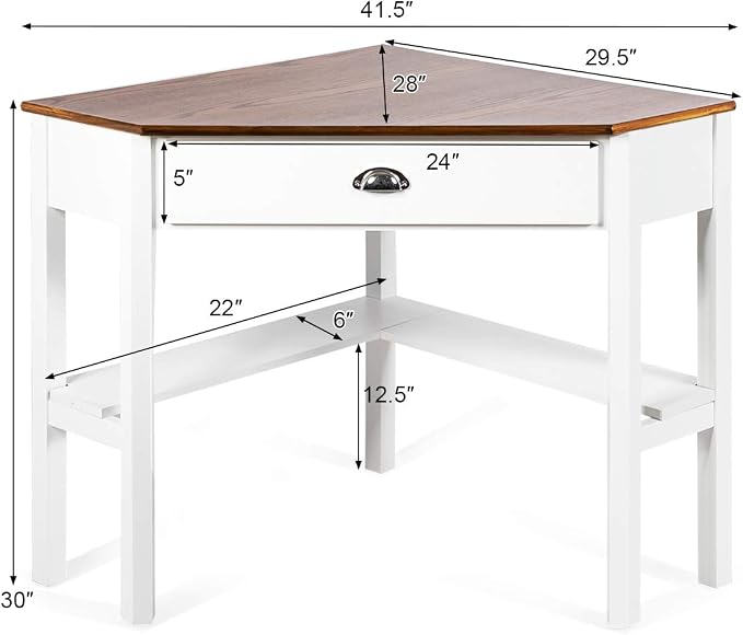 Tangkula Corner Desk, Corner Computer Desk with Drawer for Small Space, Small Corner Makeup Vanity Desk, 90 Degrees Triangle Corner Desk with Storage Shelves (Natural & White)